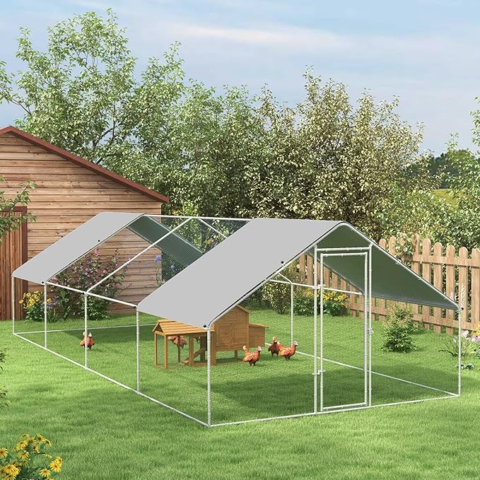 PawHut Large Chicken Coop Metal Chicken Run with Waterproof and Anti-UV Cover, Spire Shaped Walk in Fence Cage Hen House for Outdoor and Yard Farm Use, 1.26" Tube Diameter, 9.8' x 26.2' x 6.4'
