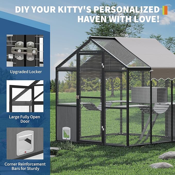 Aluminum Extra Large Outdoor Catio Enclosure for Multiple Cats – Walk-in Cat Run with Channels, Side Door, UV-Proof Cover & Platform