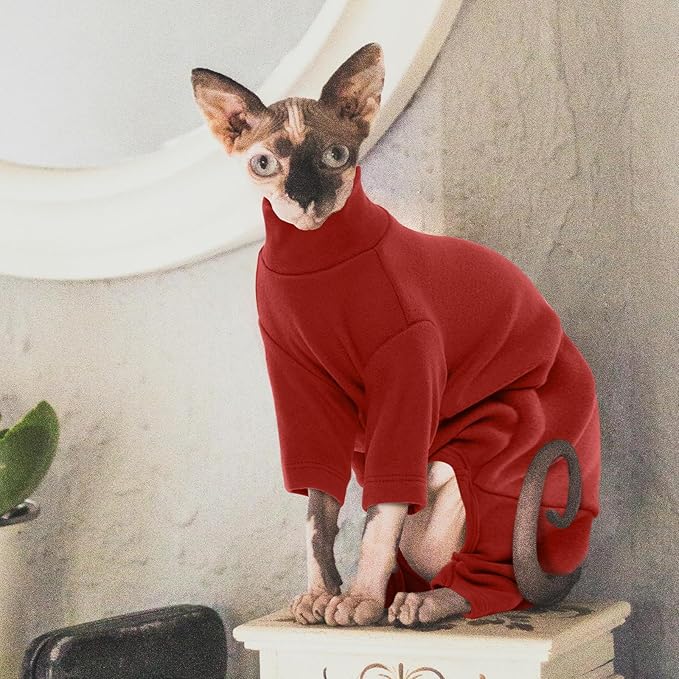ROZKITCH Hairless Cat Clothes, Breathable Soft Cat Jumpers for Cats Only, Cat Coat with Four Legs, Warm Cat Sweater Cat T-Shirt Cat Pajamas Jumpsuit Vest Cornish Rex Devon Rex Peterbald Red M
