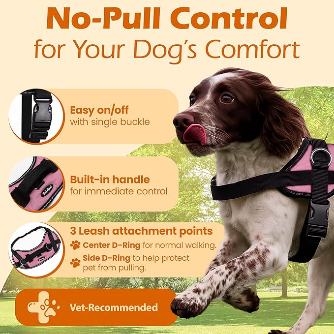 Bark Appeal Light Pink No-Pull Dog Harness for Large to Extra Large Sized Pets – Adjustable, Reflective Vest with 3 Leash Clips for Added Control, Easy Walks & Training – XL