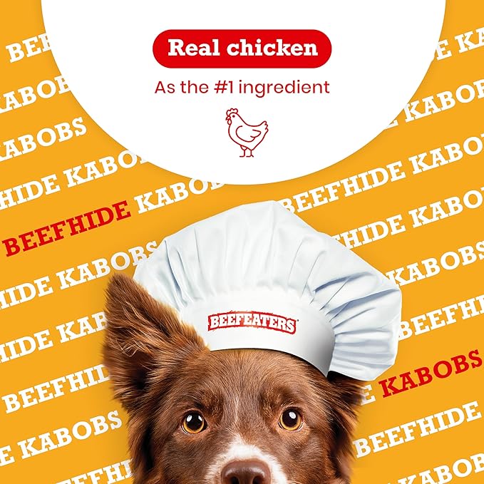 Beefeaters Beefhide Kabobs – Dog Treat. Triple Flavor with Real Chicken, Liver & Sweet Potato, Long-Lasting Chew, Supports Dental Health, Ideal for Training