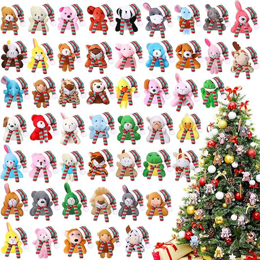 Skylety 50 Pcs Mini Christmas Stuffed Animals Bulk Small Christmas Tree Decorations Tiny Cute Plush Keychain Doll Toy for Holiday Xmas Party Favor Gift Classroom Prizes(Assorted Animals,Vivid Color)