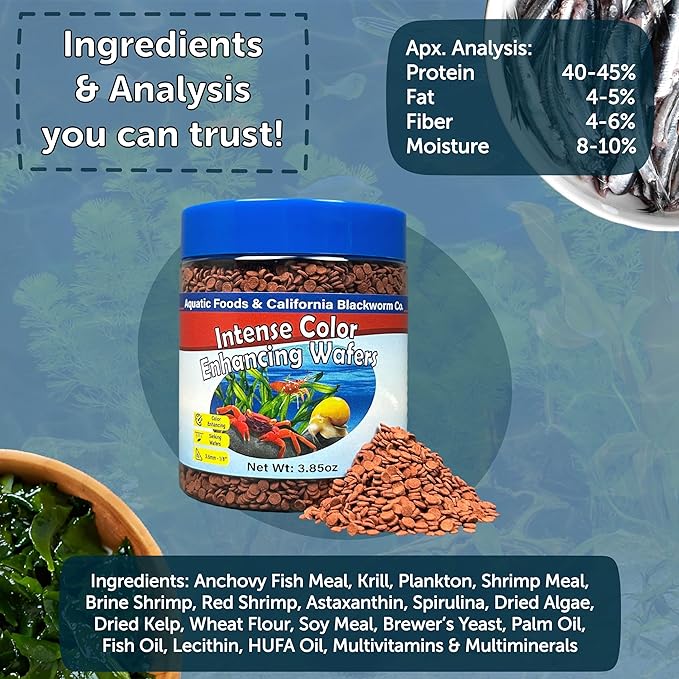 Aquatic Foods Inc. 3.5mm - 1/8" Micro Sinking Color Enhancing Wafers for Bottom Fish, Plecos, Catfish, Shrimp, Snails, All Tropical Fish, 4-Type Wafer & 12-Type Pellet Mix Included..1-lb 4oz Canister