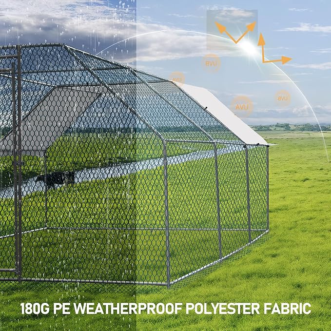 VINGLI Chicken Coop, 19.7 * 9.8 * 6.5 ft Large Metal Poultry Cage for Chicken Run, Walk-in Chicken Pen with Waterproof & Anti-UV Cover for Yard Outdoor (Silver-Flat Roof)