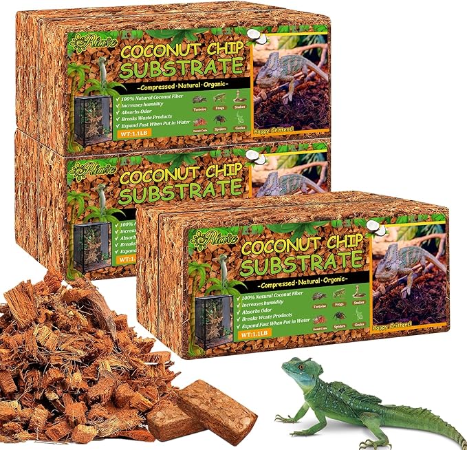 Riare 6 Pack Natural Coconut Chip Substrate for Reptiles- Compressed Coconut Husk Reptiles Bedding, Coco Husk Chip Terrarium Substrate for Snakes, Tortoises, Ball Python, Frogs, Bearded Dragon, Lizard