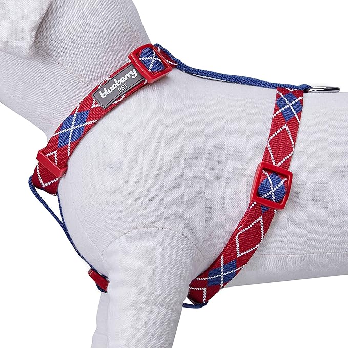 Blueberry Pet Scottish Argyle Dog Harness, Merlot Red, Large, Adjustable Harnesses for Dogs