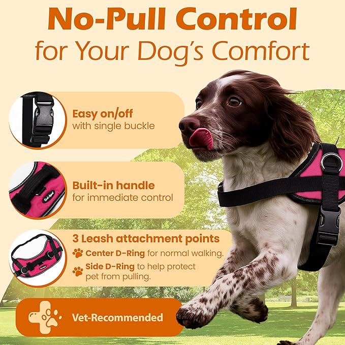 Bark Appeal Pink No-Pull Dog Harness for Small to Medium Sized Pets – Adjustable, Reflective Vest with 3 Leash Clips for Added Control, Easy Walks & Training – Medium