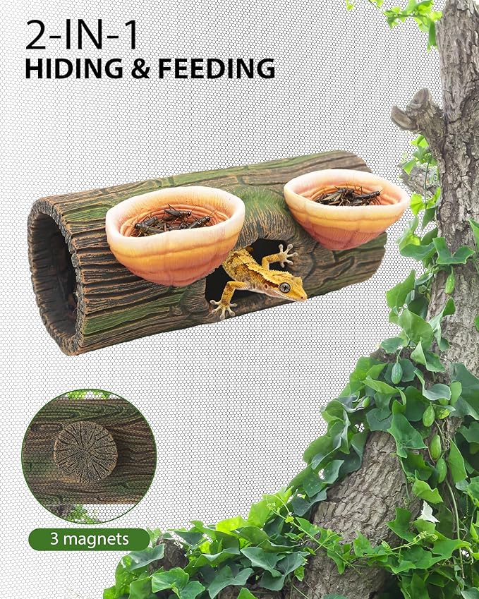 2 in 1 Magnetic Crested Gecko Hide, Reptile Hideout & Water Dish Food Bowl, Resin Hollow Log Cave, Reptile & Amphibian Habitat Hideouts, Terrarium Decor