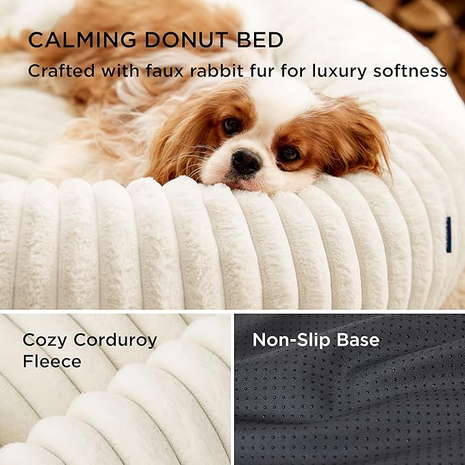 Bedsure Cat beds for Indoor Cats - Donut Dog Beds for Small Dogs with Corduroy Fleece & Anti Slip Bottom, Faux Fur Pet Beds with Washable Removable Cover, Cream, 20x20x6 inches