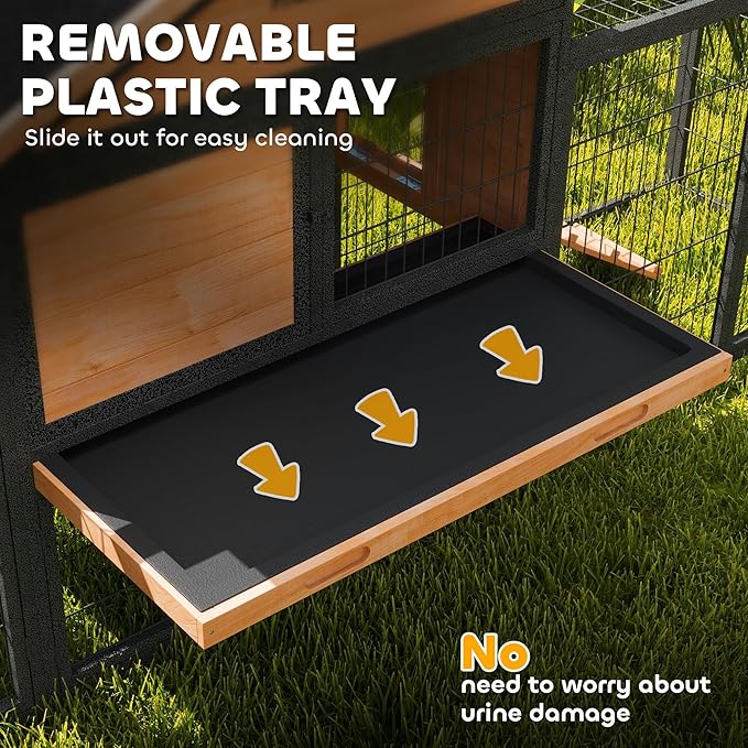 PawHut Rabbit Hutch Outdoor, 85" Large Wooden Bunny Cage with Steel Run, Removable Tray, Waterproof Roof, Ramp, Metal Guinea Pig Cage for 2-3 Small Animals, Rabbits, Chickens, Ducks, Backyard Garden