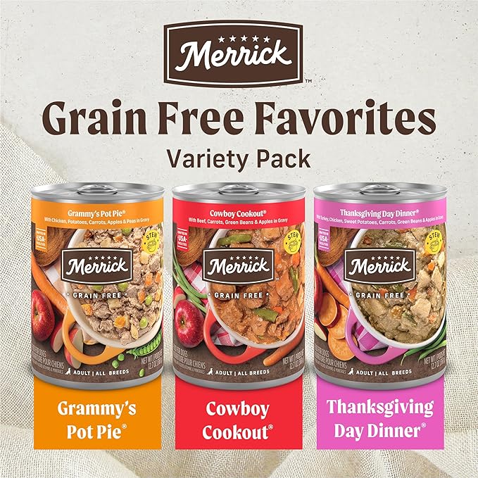 Merrick Grain Free Wet Dog Food, Premium Gluten Free Canned Variety Pack, Beef, Chicken And Turkey Recipes - (1) 12.7 oz. Cans