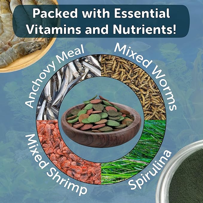 Aquatic Foods Inc. 4-Type 12mm - 1/2" Sinking Wafer Mix of Spirulina-Algae, Ultra-Worm, Shrimp, Color Enhancing for Shrimp, Snails, Crayfish, Bottom Fish, 12-Type Pellets Included...11.5oz Canister