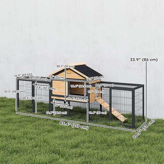 PawHut Rabbit Hutch Outdoor, 85" Large Wooden Bunny Cage with Steel Run, Removable Tray, Waterproof Roof, Ramp, Metal Guinea Pig Cage for 2-3 Small Animals, Rabbits, Chickens, Ducks, Backyard Garden