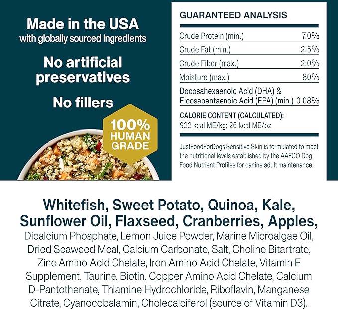 JustFoodForDogs Sensitive Skin Dog Food, Frozen Fresh Pet Meals and Toppers for Skin and Coat, Human Grade, Fortified with Omega 3, Highly Digestible, White Fish - 18-oz, 14 Pack