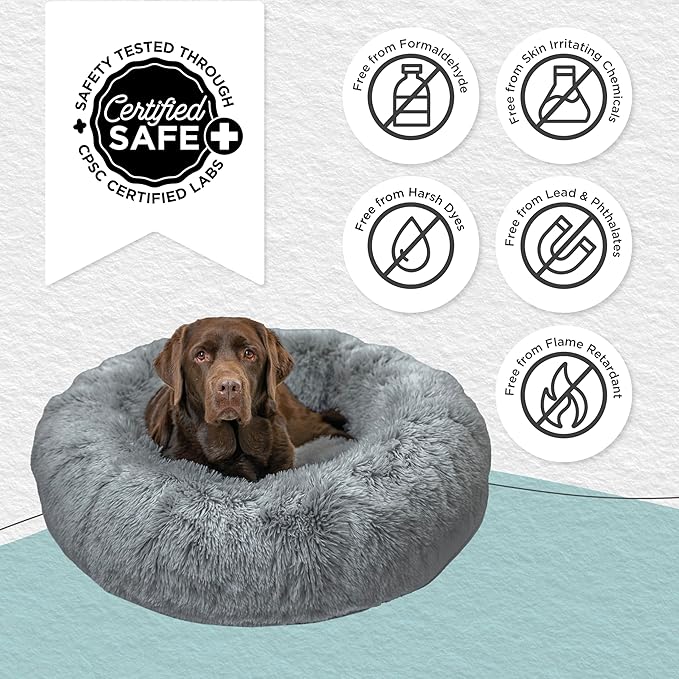 Best Friends by Sheri The Original Calming Donut Dog Bed – Washable Plush Pet Bed for Large Breeds up to 100 lbs, Shag Faux Fur, Gray, Large (36" x 36")