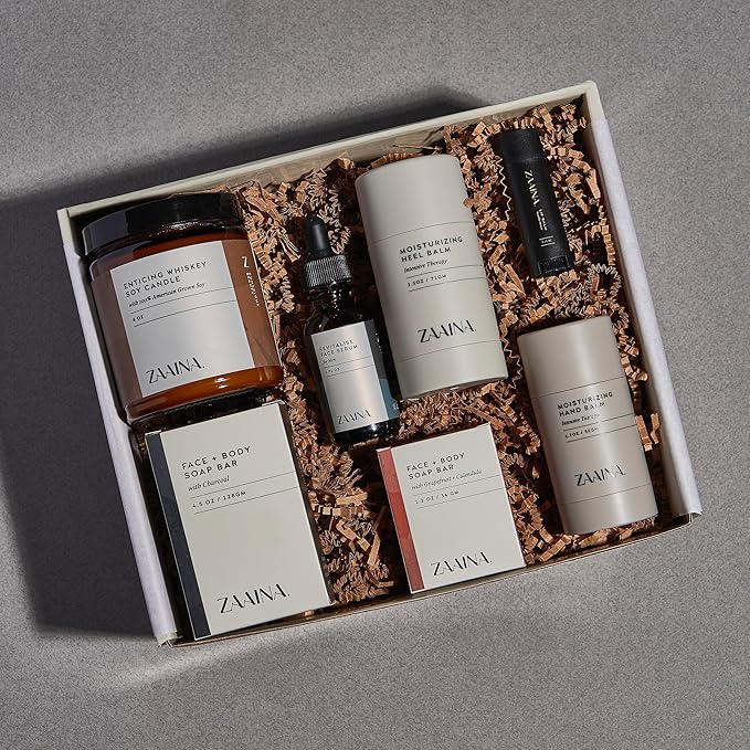 ZAAINA Men’s Self Care Package, Valentine Gifts for Men, Relaxation Spa Gift Set - Luxury Natural Handmade Grooming Kit for Husband Dad Friend, Birthday Gifts for Him (Premium Set with Whiskey Candle)