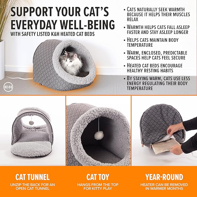K&H Pet Products Heated Cat Bed - Thermo-Pet Cave for Large Cats, Indoor Heated Pet Bed for Dogs & Cats, Covered Cave Pet Tent, Collapsible, Machine Washable, Safety Listed - 17 X 15 X 13in Gray