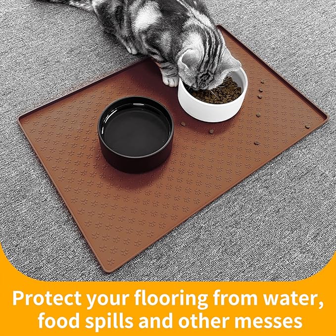Ptlom Pet Placemat for Dog and Cat, Waterproof Silicone Pet Feeding Bowl Mats for Food and Water, Small Medium Large Dogs Mat Prevent Residues from Spilling to Floor, Brown, 31.5" 23.6"