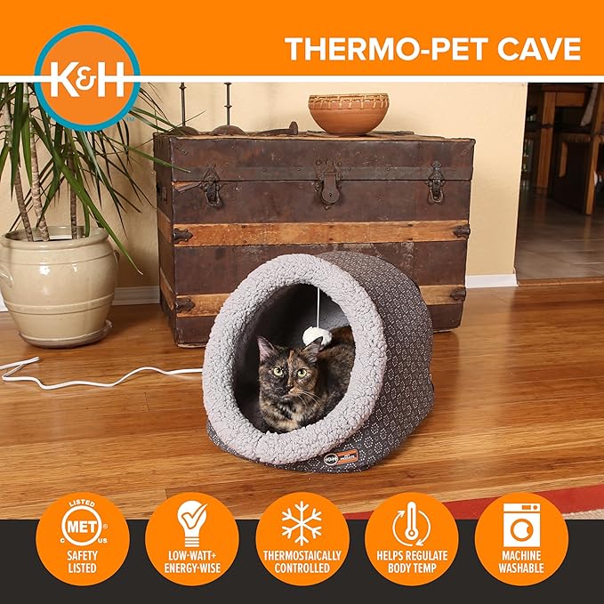 K&H Pet Products Heated Cat Bed - Thermo-Pet Cave for Large Cats, Indoor Heated Pet Bed for Dogs & Cats, Covered Cave Pet Tent, Collapsible, Machine Washable, Safety Listed - 17 X 15 X 13in Gray