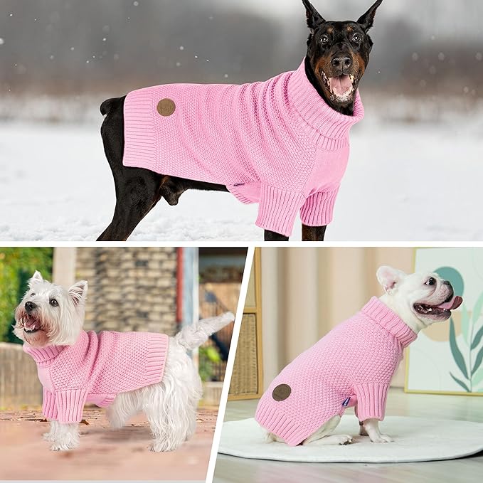 cyeollo Dog Sweater Knitwear Turtleneck Soft Knitwear Pullover Sweaters with Long Sleeves Warm Dog Clothes for Medium Dogs,Pink, XXL
