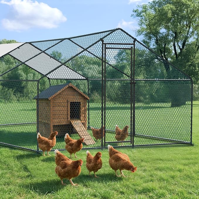 VINGLI Chicken Coop, 19.7x9.8x6.5 ft Large Metal Poultry Cage for Chicken Run, Walk-in Chicken Pen with Waterproof & Anti-UV Cover for Yard Outdoor (Black-Spire Roof)