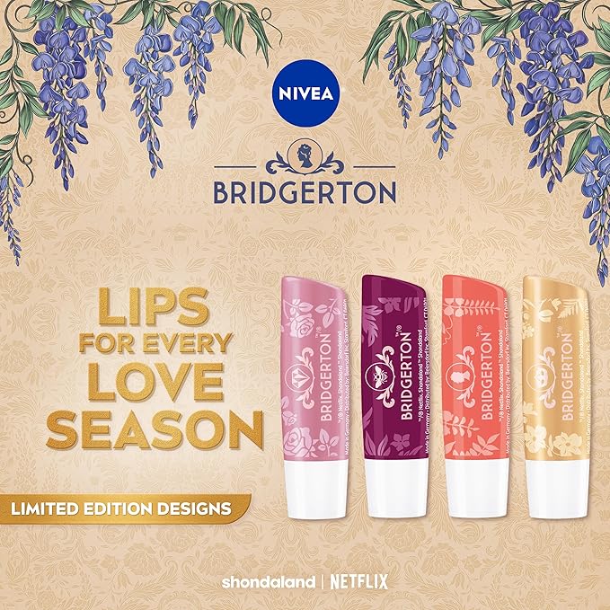 NIVEA Lip Care, Bridgerton Limited Edition Moisturizing Lip Balms with Shea Butter, Blackberry Pie, Peach Tea, Rose Meringue, and Vanilla Biscuit, Four 0.17 Oz Sticks