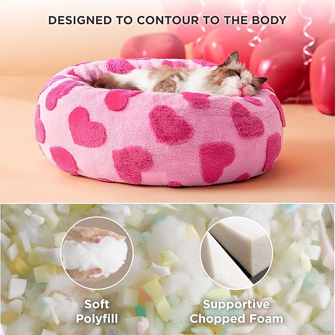 LE SURE Donut Small Dog Bed - Round Cat Beds Indoor Anti-Anxiety Calming Gift for Pets, Washable Cute Modern Beds with Jacquard Shaggy Plush & Anti Slip Bottom, 20 Inch, Heart Pink