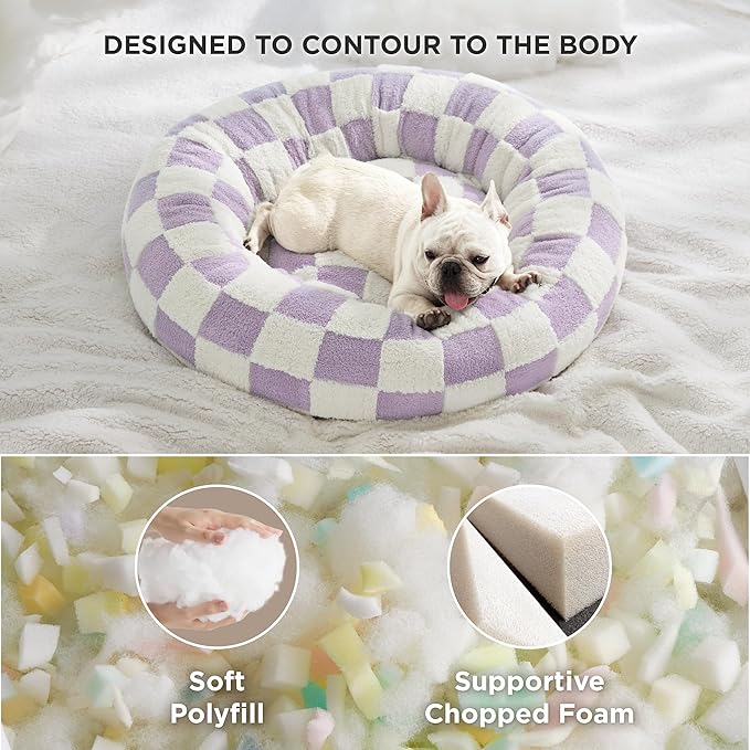 LE SURE Donut Medium Dog Bed - Round Cat Beds for Indoor Cats Calming Christmas Bed Present for Pets, Cute Modern Beds with Jacquard Shaggy Plush & Anti Slip Bottom, 30 Inch, Purple