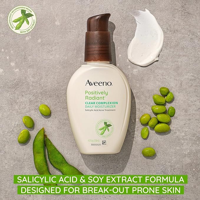 Aveeno Positively Radiant Clear Complexion & Acne Facial Moisturizer with Soy and Salicylic Acid for Oily Skin, Hypoallergenic Formula, Paraben-Free, Non-Comedogenic, Pump, 4 FL OZ, (Pack of 2)