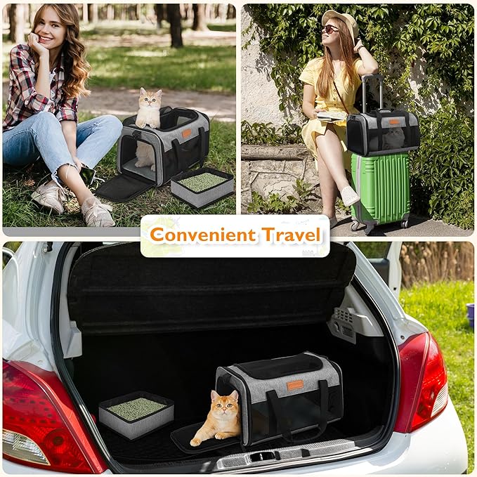 PETUX Airline Approved Cat Carrier or Small Cat up to 12 lb - 17"x11"x9.5", TSA, Underseat, Top & Side Entry Pet Carrier with Breathable Anti-Scratch Mesh & Litter Box for Travel and Vet Visit - Grey