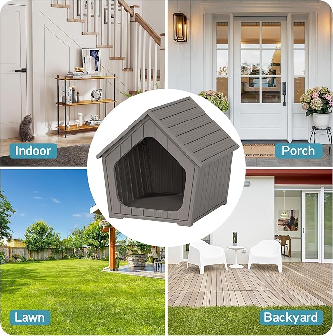 KAMABOKO Outdoor Cat House, Weatherproof Plastic Cat Shelter for Indoor & Outdoor, Durable All-Season Pet House for Feral, Stray & Domestic Cats (Gray)