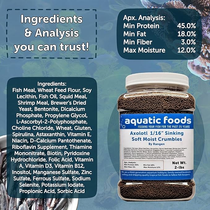 Aquatic Foods Inc. 1/16" Soft Moist Sinking Salmon Crumbles for Baby Axolotls, Shrimp, Snails, Crabs, Small Amphibians, Bottom Tropical Fish ...2-lb Med Jar