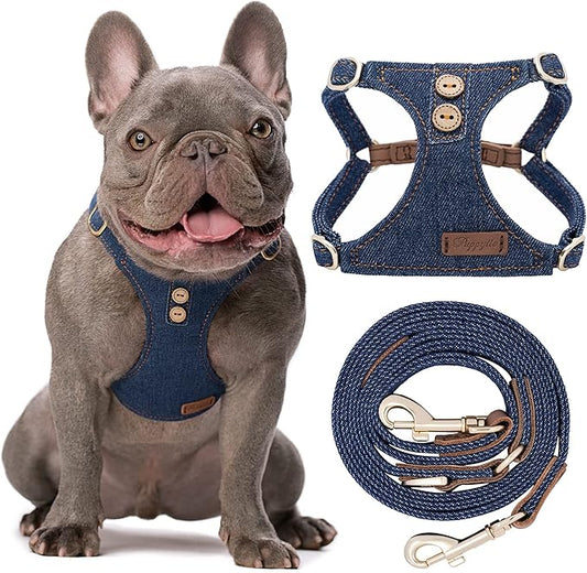 No Pull Dog Harness with Multifunction Dog Leash,Soft Adjustable No Choke Escape Proof Pet Harness Vest for Medium Dogs or Large Dogs,Denim Blue,M