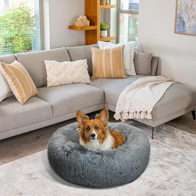 Best Friends by Sheri The Original Calming Donut Dog Bed – Washable Plush Pet Bed for Medium Breeds up to 45 lbs, Shag Faux Fur, Gray, Medium (30" x 30")