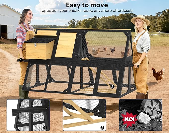 Chicken Coop for 4-8 Chickens, A-Frame Wooden Chicken Run, 95'' Outdoor Poultry Cage w/ 2 Nesting Box, Hen House w/Ventilating Wire, Waterproof Asphalt Roof, Yellow and Black