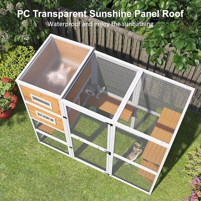 Catio Outdoor Cat Enclosure, Large 4 Tiers Cat Catio Connect to Window for Outdoor Indoor Cats with Weatherproof Roof, Resting Rooms, Platforms, Large Door, 76" L x 32.9" W x 70.8" H, White
