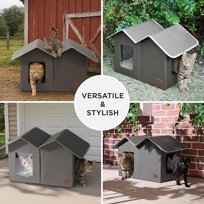 Bedsure Weatherproof Outdoor Cat House-Extra Wide Insulated Feral Cat Shelter with Raised Base in Winter, Waterproof Outside Pet Hideout for Stray Kitty, 22.5x12.5x13.25inches, Grey