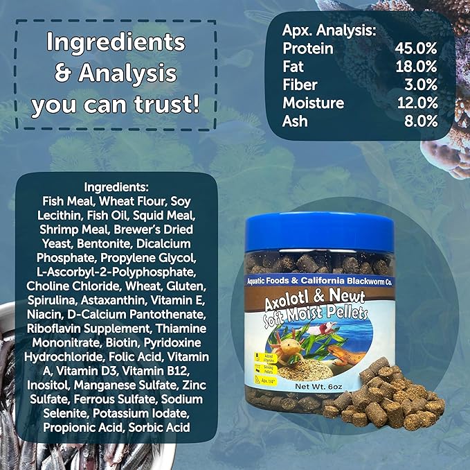 Aquatic Foods Inc. Axolotl Pellet Food 1/4" Soft Moist Sinking Pellets for Juvenile Axolotl Also Shrimp, Snails, Crayfish, Bottom Tropical Fish, Blackworm Pellets Included 6oz Canister