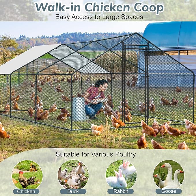 VINGLI Chicken Coop, 19.7x9.8x6.5 ft Large Metal Poultry Cage for Chicken Run, Walk-in Chicken Pen with Waterproof & Anti-UV Cover for Yard Outdoor (Black-Spire Roof)