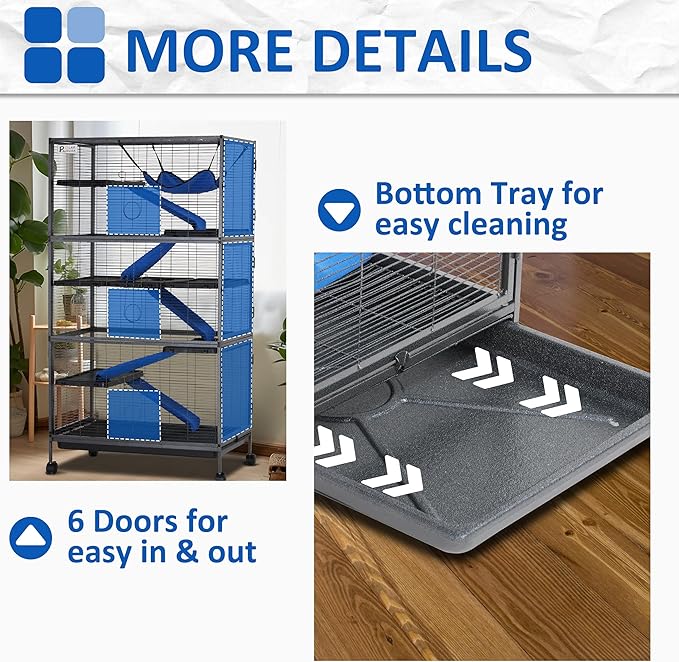 Polar Aurora Metal Small Animal Cage, 59" H Ferret Cage with Lockable Wheels, Deluxe Chinchilla Cages with Hammock and Removable Tray, 6 Tiers Critter Nation Cages for Pets (XL)