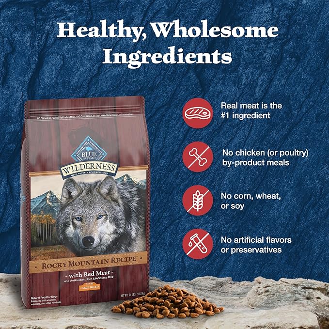 Blue Buffalo Wilderness Rocky Mountain Recipe High-Protein Large Breed Adult Dry Dog Food, Made in The USA with Natural Ingredients Plus Wholesome Grains, Red Meat, 24-lb. Bag