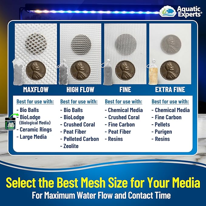 Aquatic Experts High Flow Filter Media Bag - Durable Filter Bags for Fish Tank, Secure Aquarium Media Bag with Drawstring, Media Bags for Aquarium and Pond, High Flow (White), 3” x 8” - 8 Pack