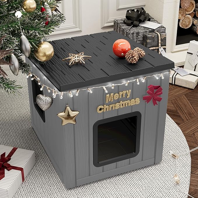 NUNU LAB Outdoor Cat House – Weatherproof & UV Resistant PP Material Shelter with Sloped Asphalt Roof, Durable Cat Condo for Garden, Patio, and Backyard (Black, Large)