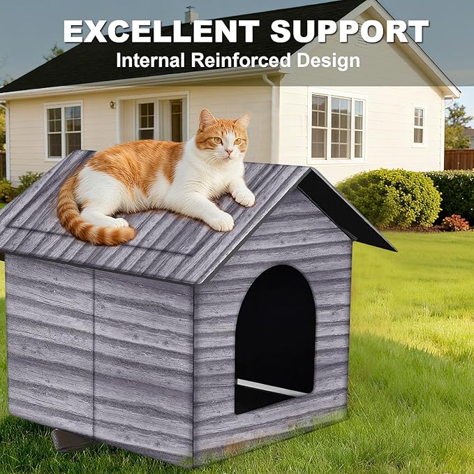 Outdoor Cat House Cat House for Outdoor and Indoor Use - Waterproof Shelter for Cats, Dogs, and Feral Animals (Grey Wood Color, Large)
