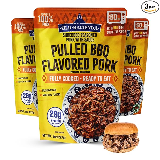 Old Hacienda Pulled BBQ Flavored Pork | 100% Shredded Seasoned Pork with Sauce | Fully Cooked & Ready to Eat | 29g Protein | No Preservatives or Artificial Flavors | BPA Free Pouch | Pack of 3-8oz