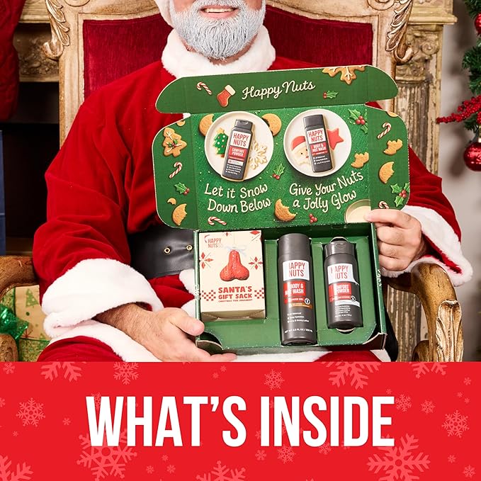 Happy Nuts Holiday Gift Bundle Kit for Men - Comes With Comfort Powder, Body Wash & Christmas Festive Ornament - A Hilarious Stocking Stuffer or White Elephant Mens Gift Basket Idea for Him