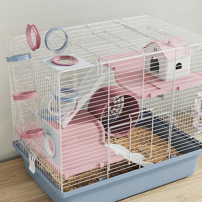 PawHut Hamster Cage, 3-Tier Gerbil Cage with Exercise Wheel, Food Bowl, Water Bottle, House, Tunnels, Ramps, Small Animal Habitat for Dwarf Hamster, Blue