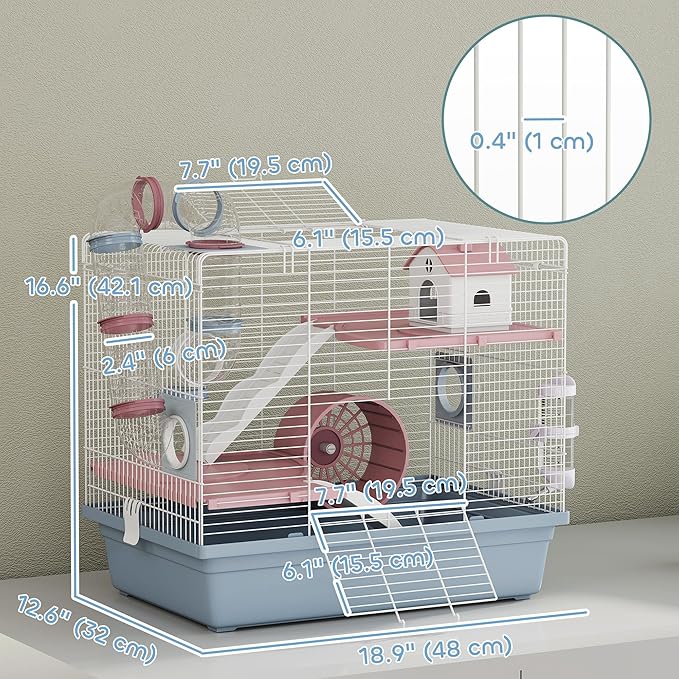 PawHut Hamster Cage, 3-Tier Gerbil Cage with Exercise Wheel, Food Bowl, Water Bottle, House, Tunnels, Ramps, Small Animal Habitat for Dwarf Hamster, Blue