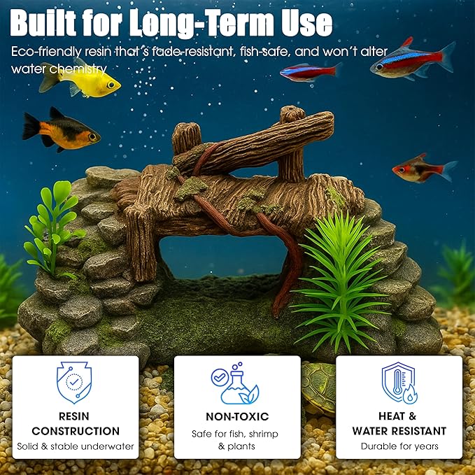 Aquarium Decor, Betta Fish Tank Accessories with Plants, Turtle Tank Decorations, Large Aquarium Ornaments, Fish Hideout, Decorative Accessories for Freshwater & Saltwater Tanks (Grass Bridge)