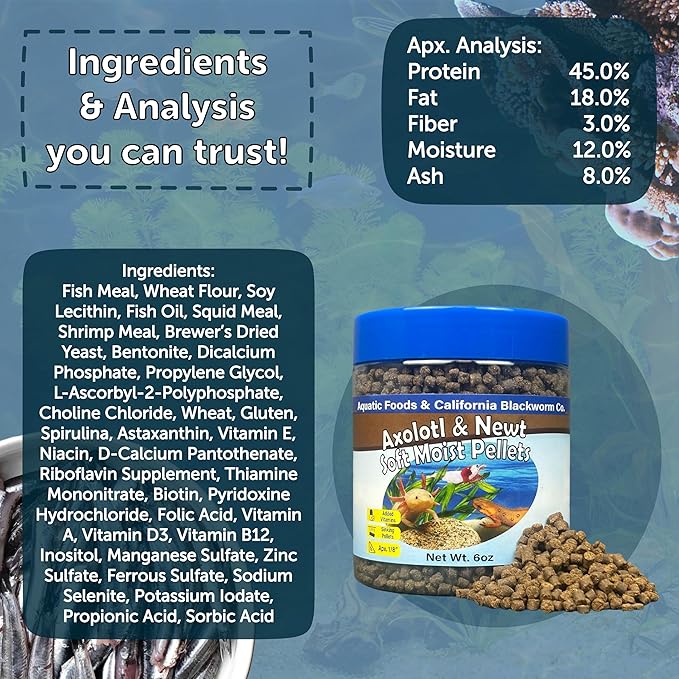 Aquatic Foods Inc. Axolotl Pellet Food 1/8" Soft Moist Sinking Pellets for Juvenile Axolotl Also Shrimp, Snails, Crayfish, Bottom Tropical Fish, Blackworm Pellets Included 12oz Canister